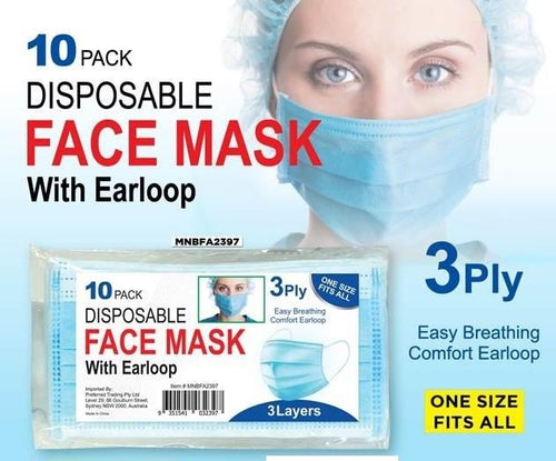 FACE MASK w/EARLOOP 3 PLY 10 PACK